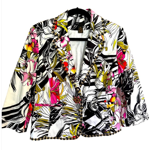 Grace Elements Women's Tropical Floral Blazer Jacket Rhinestone Crystal Button - Picture 1 of 6